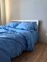 Комплект постільної білизни із ранфорсу Волошковий з рюшами